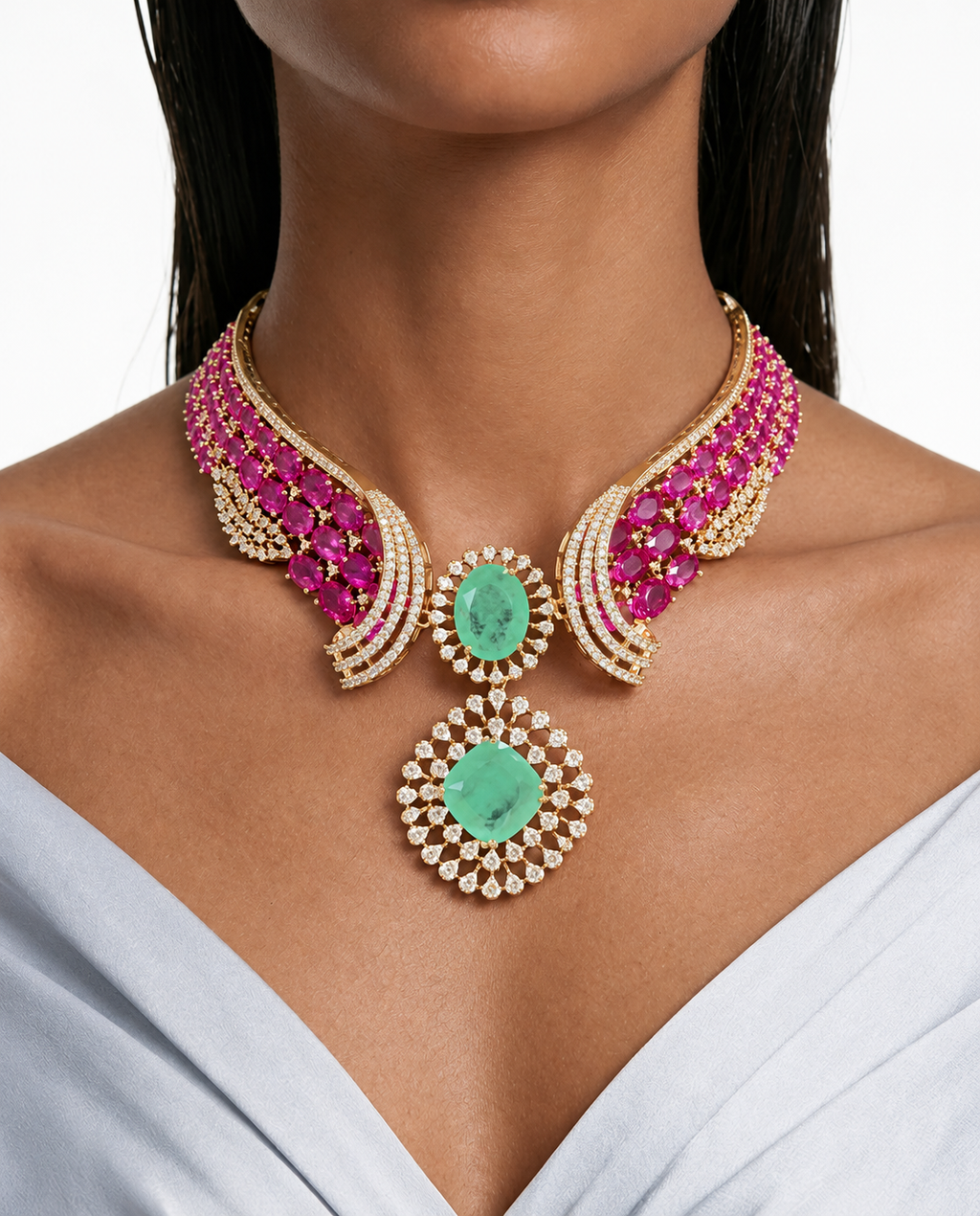 Ash Ruby & Emerald Diamond-Like Zircon Curved Floral Pendant Necklace Set – Necklace & Earrings