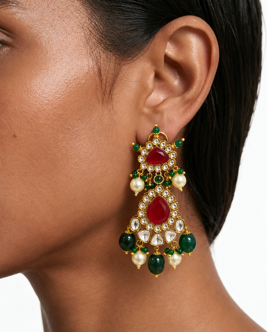 Rumiya Collier Polki Kundan rubis et émeraude moissanite avec détails en zircon – Collier, boucles d'oreilles et Maang Tikka