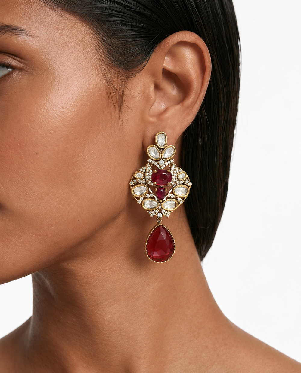 Zehmina Ruby Kundan Polki Double-Layer Choker Necklace Set – Necklace, Earrings & Maang Tikka