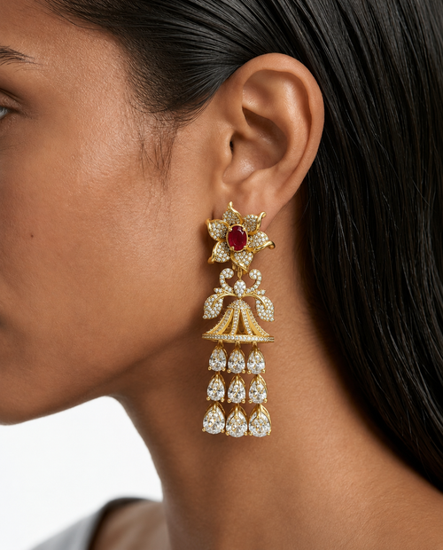 Miette Ruby Three Layer Moissanite Polki Kundan Floral Tassel Necklace Set – Necklace & Earrings