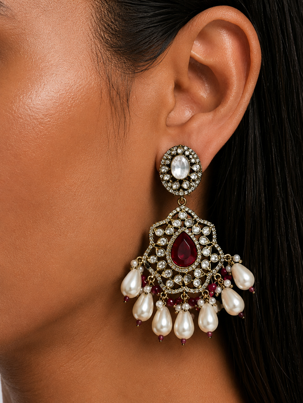 Vaani Ruby Pearls & Moissanite Polki Kundan with Zircon Diamond Detailing Necklace Set – Necklace, Earrings & Maang Tikka