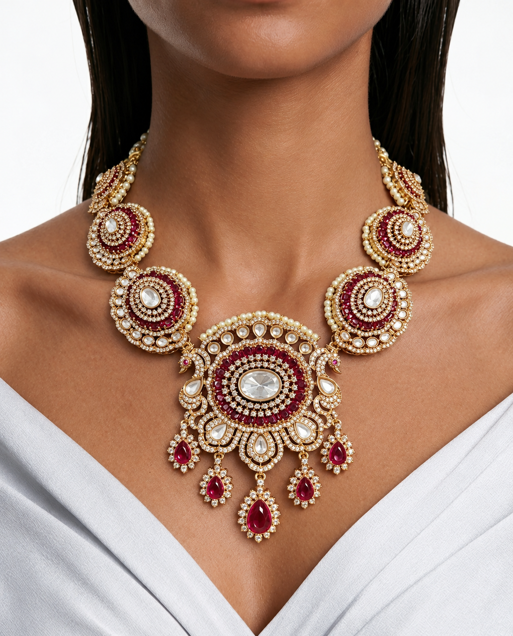 Rissa Ruby & Pearl Moissanite Polki Kundan with Zircon Diamond Detailing Statement Necklace Set – Necklace, Earrings & Maang Tikka