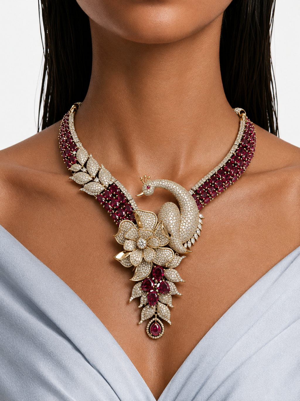 Parizah Ruby Peacock & Floral Diamond-Like Zircon Statement Necklace Set – Necklace & Earrings
