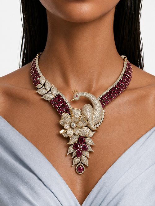 Parizah Ruby Peacock & Floral Diamond-Like Zircon Statement Necklace Set – Necklace & Earrings