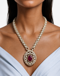 Veyra Ruby & Polki Oval Pendant Kundan Diamond Detailing Necklace Set – Necklace & Earrings