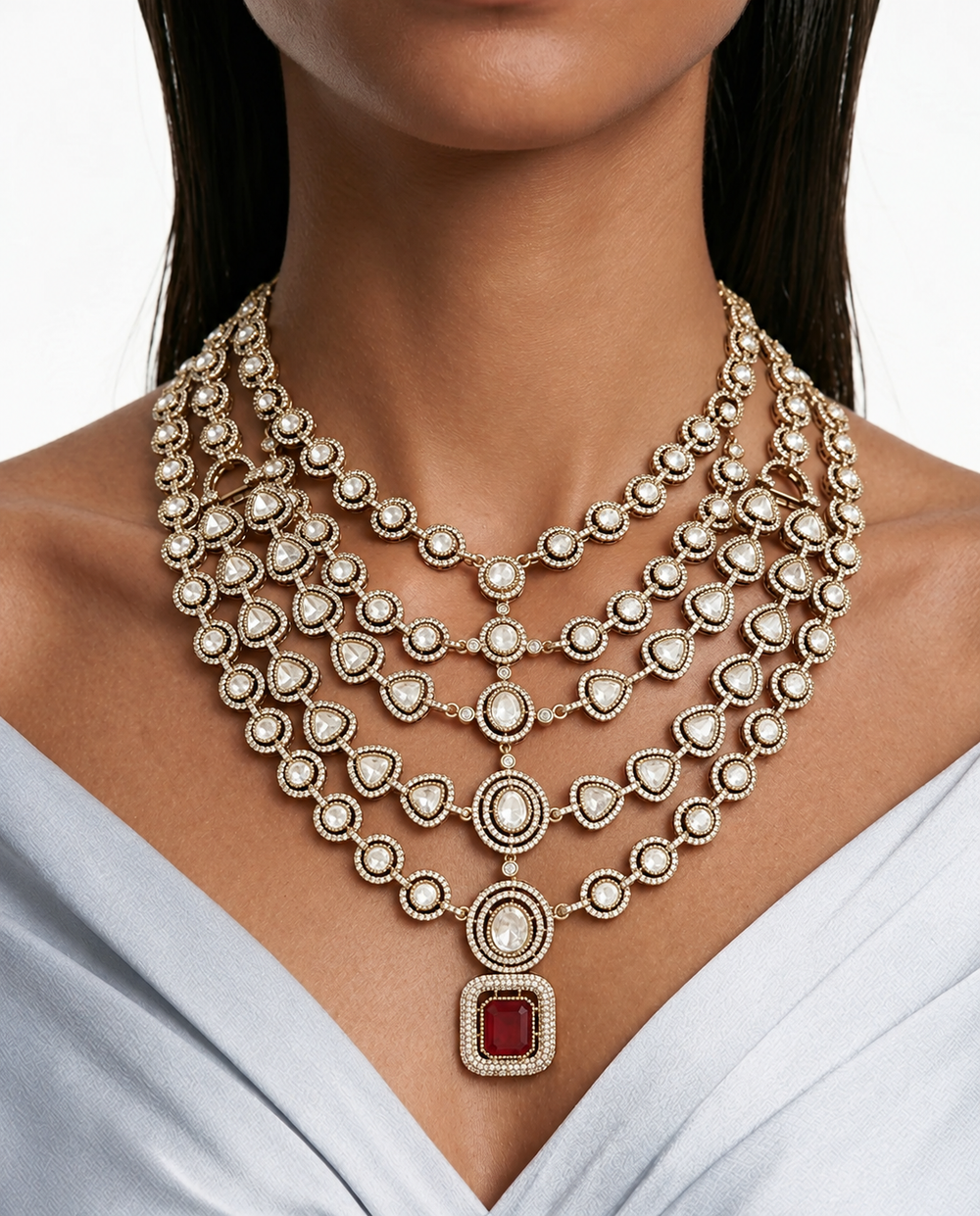 Maya Ruby Moissanite Polki Kundan met gelaagde kettingset met zirkoondiamantendetails – ketting, oorbellen en Maang Tikka