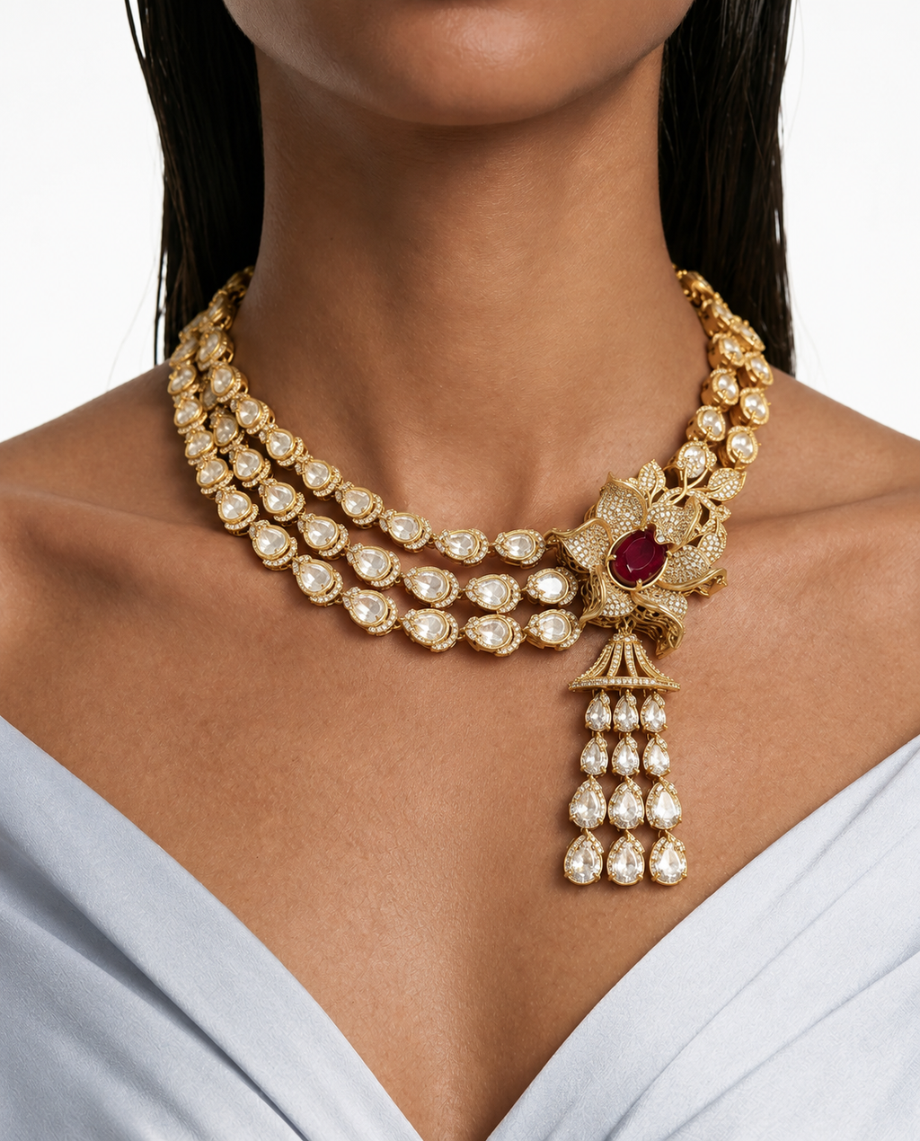 Miette Ruby Three Layer Moissanite Polki Kundan Floral Tassel Necklace Set – Necklace & Earrings