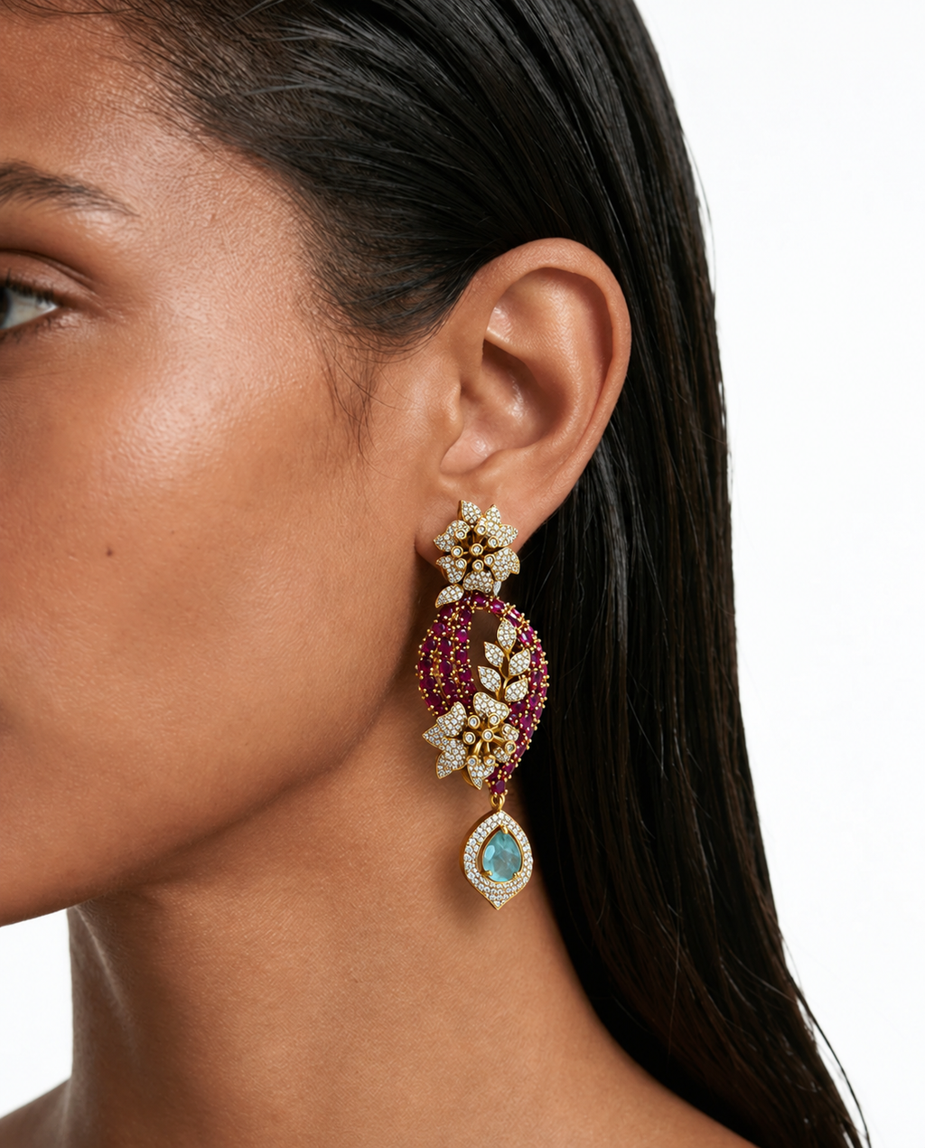 مجموعة قلادات Lilibet Ruby & Mint Floral Teardrop Polki Kundan - قلادة وأقراط