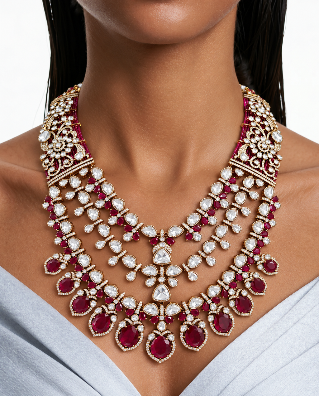 Ensemble de colliers de mariée superposés floraux Polki Kundan Rajika Ruby Moissanite - Collier, boucles d'oreilles et Maang Tikka