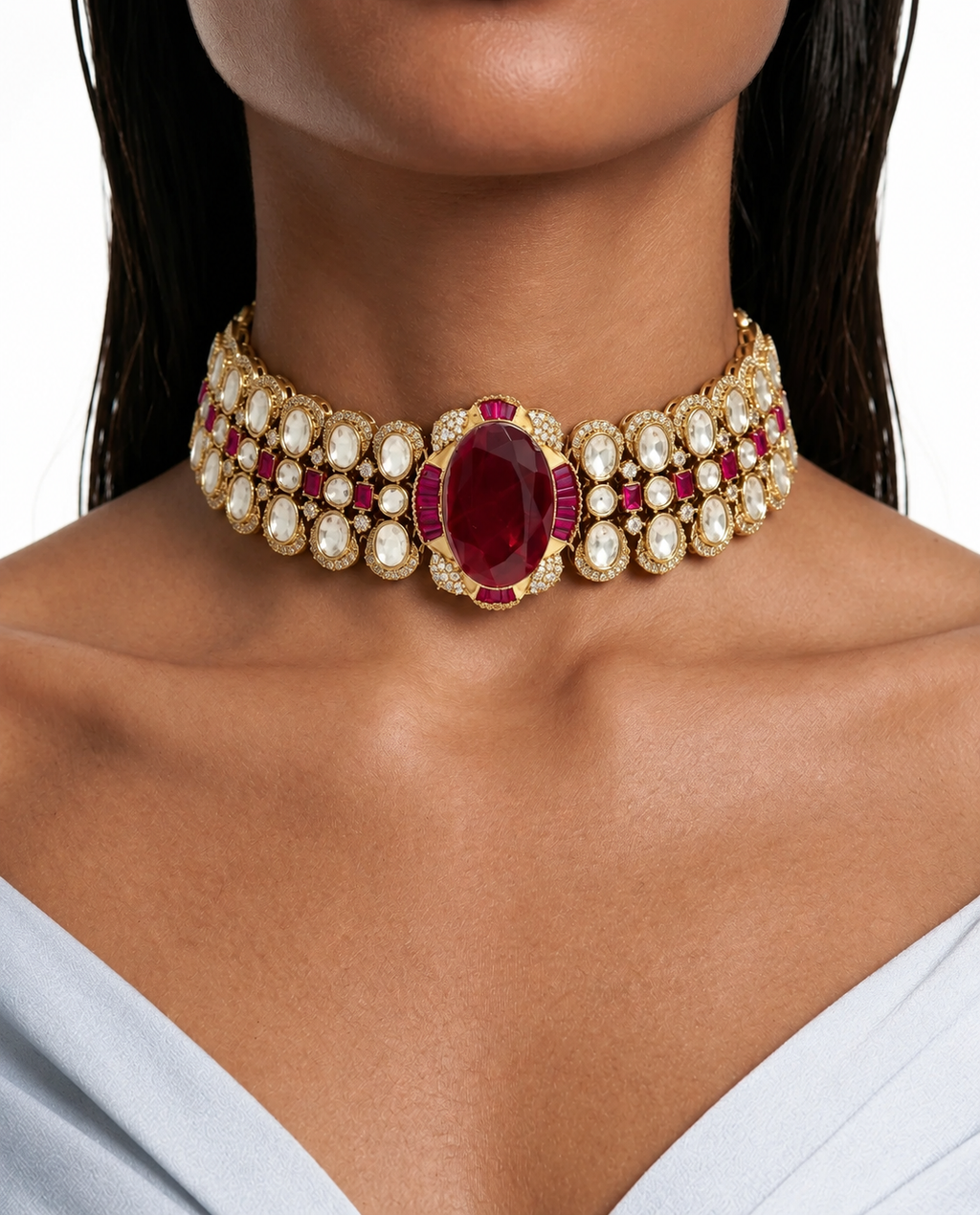 Ensemble collier ras du cou ovale Aashna Ruby Moissanite Polki Kundan – Collier et boucles d'oreilles