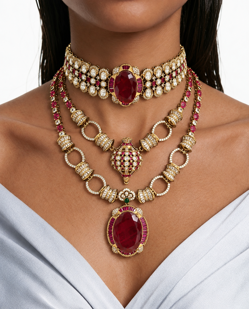 Maharani Haniya & Aashna Ruby Moissanite Polki Kundan kettingset (2 kettingen en 2 oorbellen)
