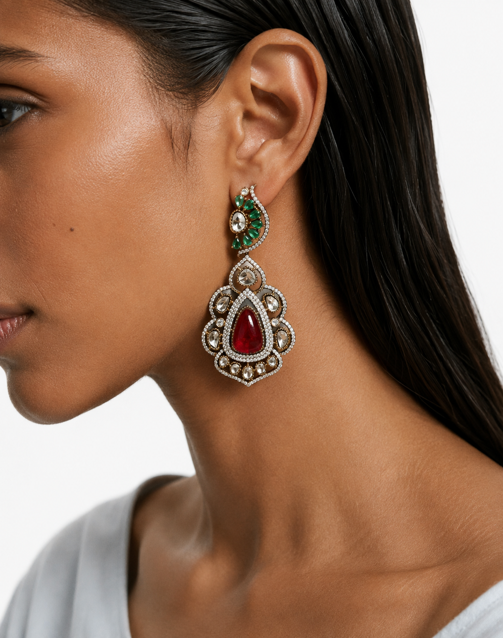 Raisa Ruby & Emerald Pearls & Moissanite Polki Kundan with Zircon Diamond Detailing Necklace Set – Necklace & Earrings