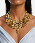 Afeesa Ruby Semi Precious Moissanite Ghunguru Antique Gold Necklace Set (Necklace & Earrings)