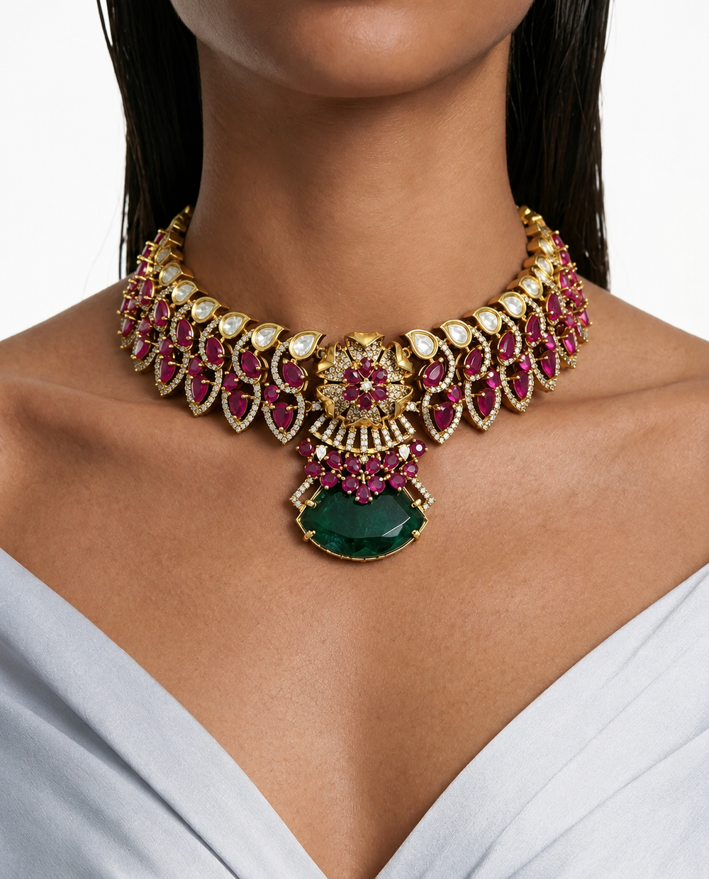 Naisha Ruby & Emerald Floral Pendant Moissanite Polki Kundan Choker Necklace Set – Necklace & Earrings