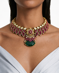 Naisha Ruby & Emerald Floral Pendant Moissanite Polki Kundan Choker Necklace Set – Necklace & Earrings