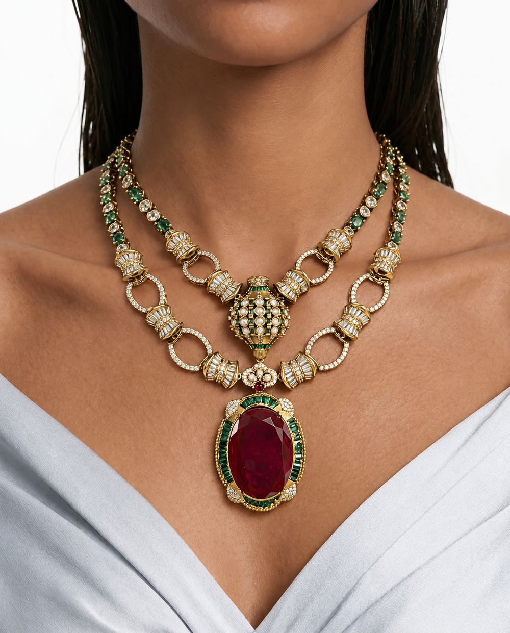 Haniya Ensemble de colliers avec pendentif ovale double couche rubis et émeraude Moissanite Polki Kundan – Collier et boucles d'oreilles