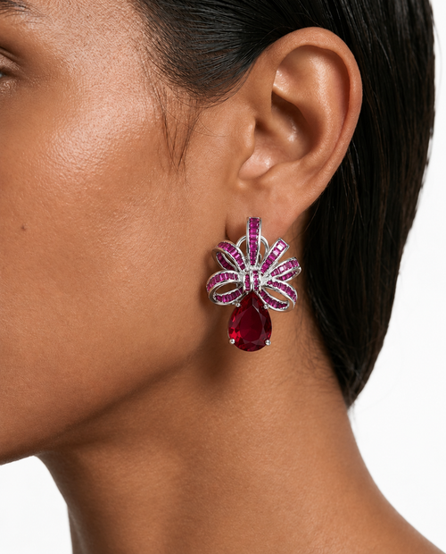 Blythe Ruby Bow Rectangular Drop Diamond-Like Zircon Necklace Set – Necklace & Earrings
