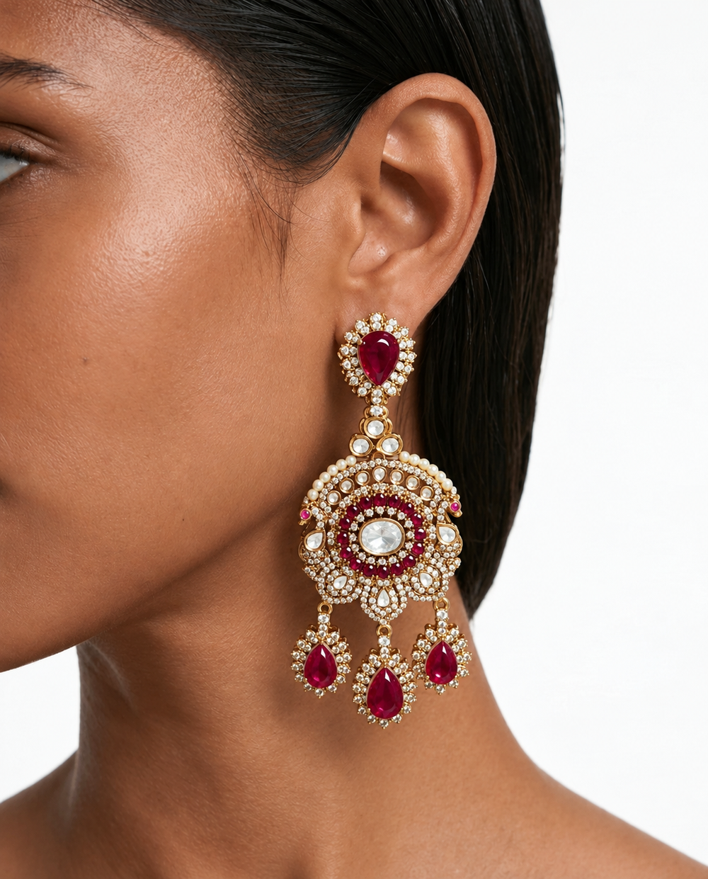 Rissa Ruby & Pearl Moissanite Polki Kundan with Zircon Diamond Detailing Statement Necklace Set – Necklace, Earrings & Maang Tikka