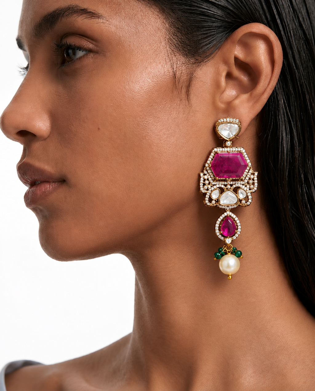 Tahira Ruby Emerald Moissanite Polki Kundan Pearl Drop Necklace Set – Necklace, Earrings & Maang Tikka