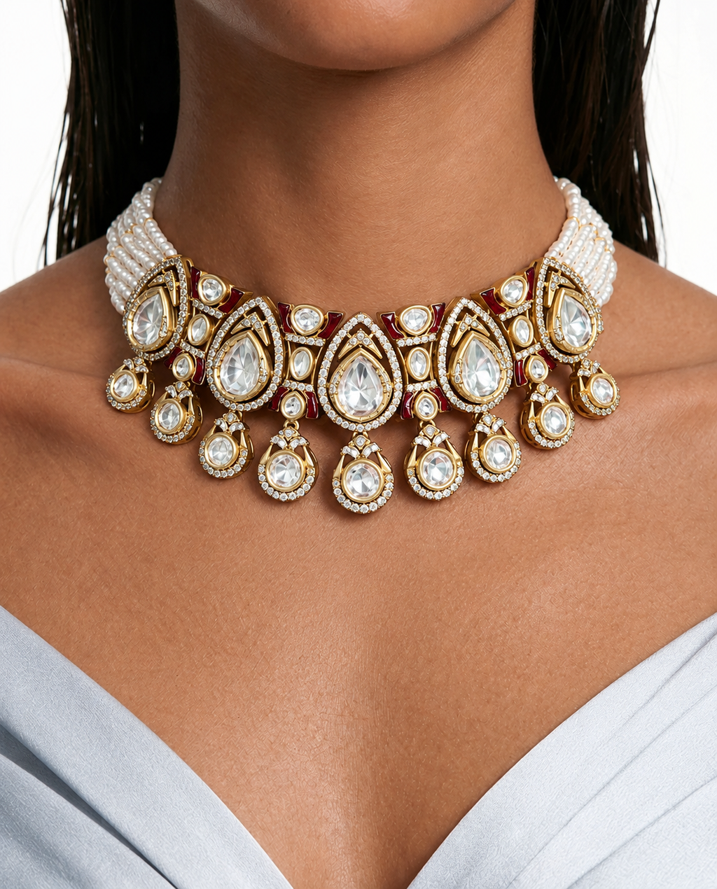 Ensemble de collier Anokhi Ruby Teardrop Moissanite Polki Kundan – Collier et boucles d'oreilles