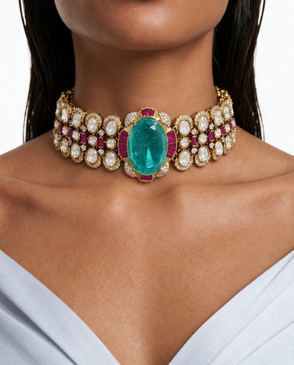 Maharani Haniya & Aashna Mint & Ruby Moissanite Polki Kundan Ensemble de colliers (2 colliers et 2 boucles d'oreilles)