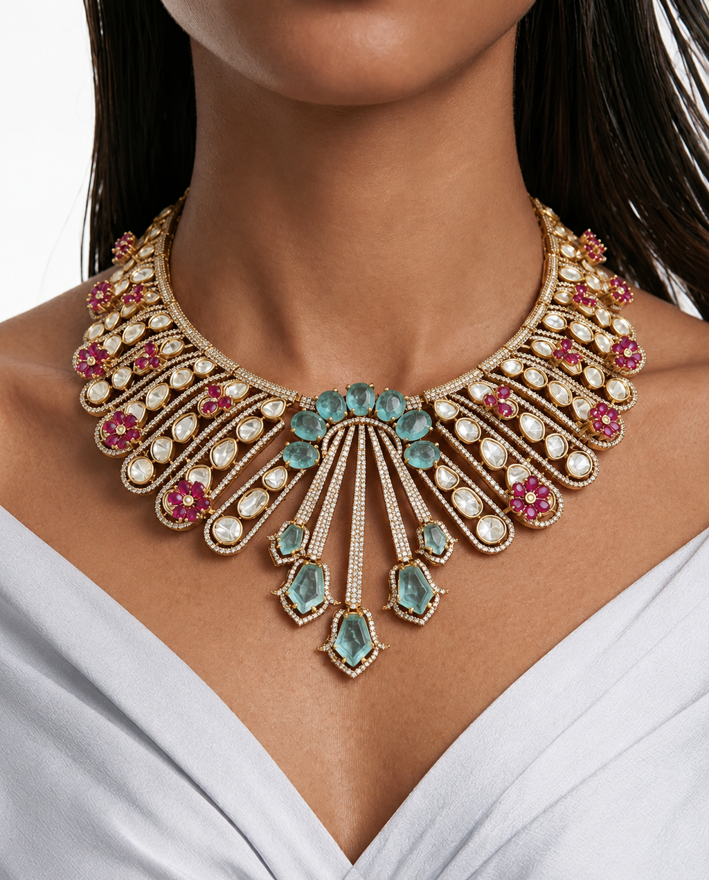 Zadie Aqua & Ruby Floral Cascade Diamond-Like Zircon Necklace Set – Necklace & Earrings