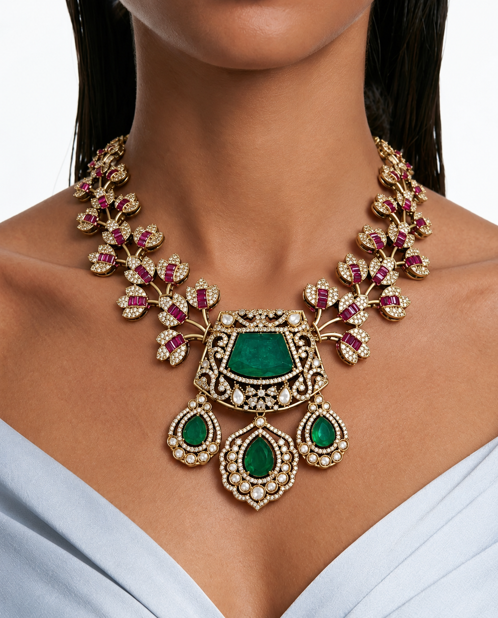 Collier Inayat Emerald & Ruby avec branches florales et trois pendentifs en forme de larme verte