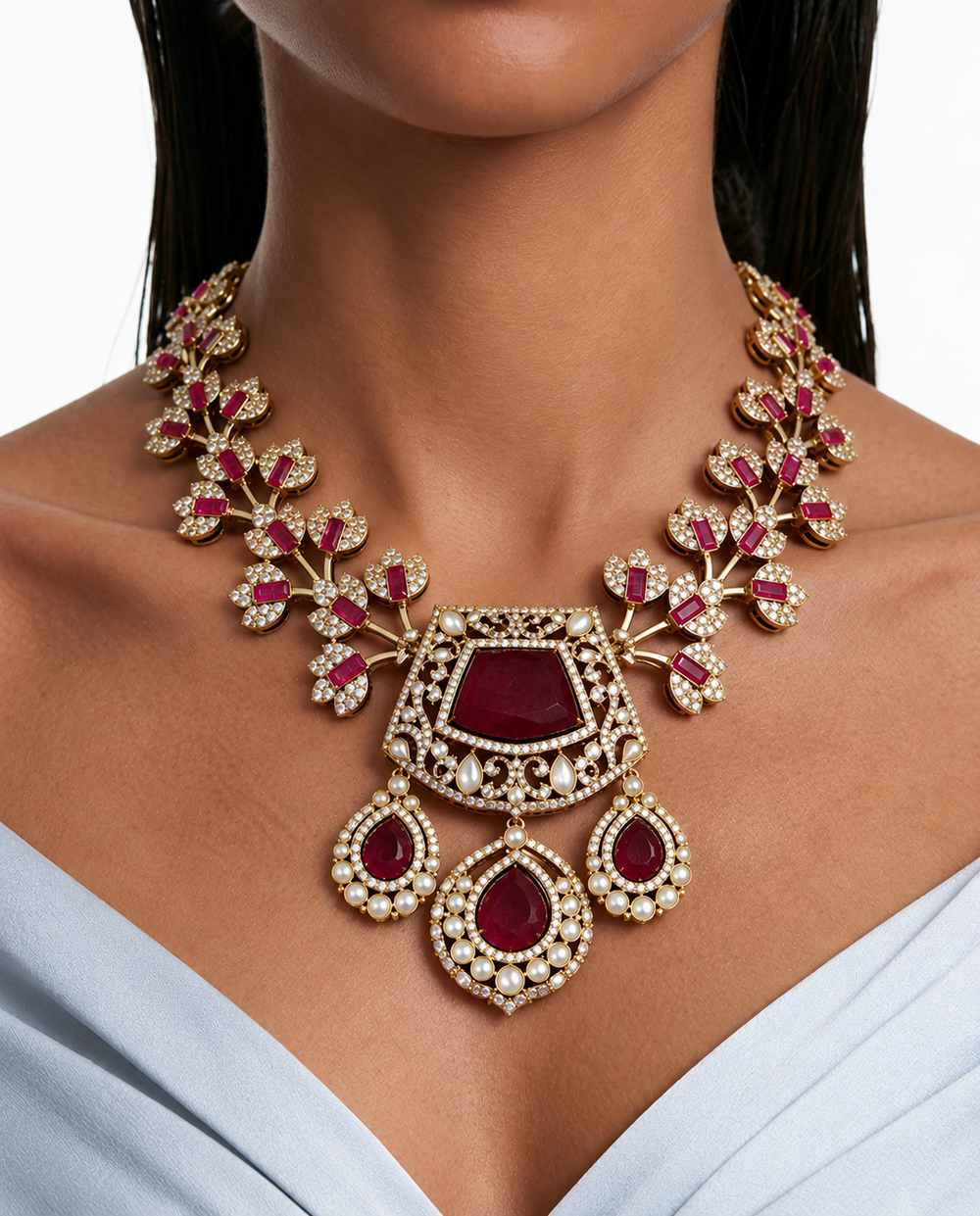 Collier Inayat Ruby avec branches florales de couleur rubis et trois pendentifs en forme de larme rouge