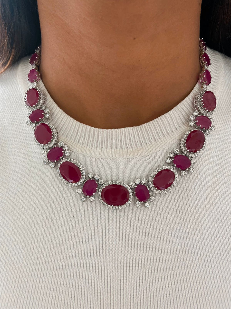 Maharani Ruby Oval Diamond Detail Line Necklace Set & Bow Ruby Diamond Necklace Set (Necklace, Earrings, Ring & Bracelet)