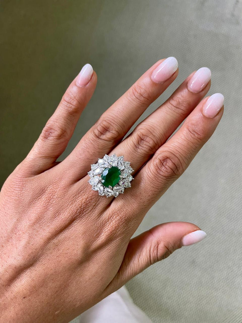 Oval Emerald Diamond Rim Cocktail Ring by Prerto — Indian & Arab wedding jewellery