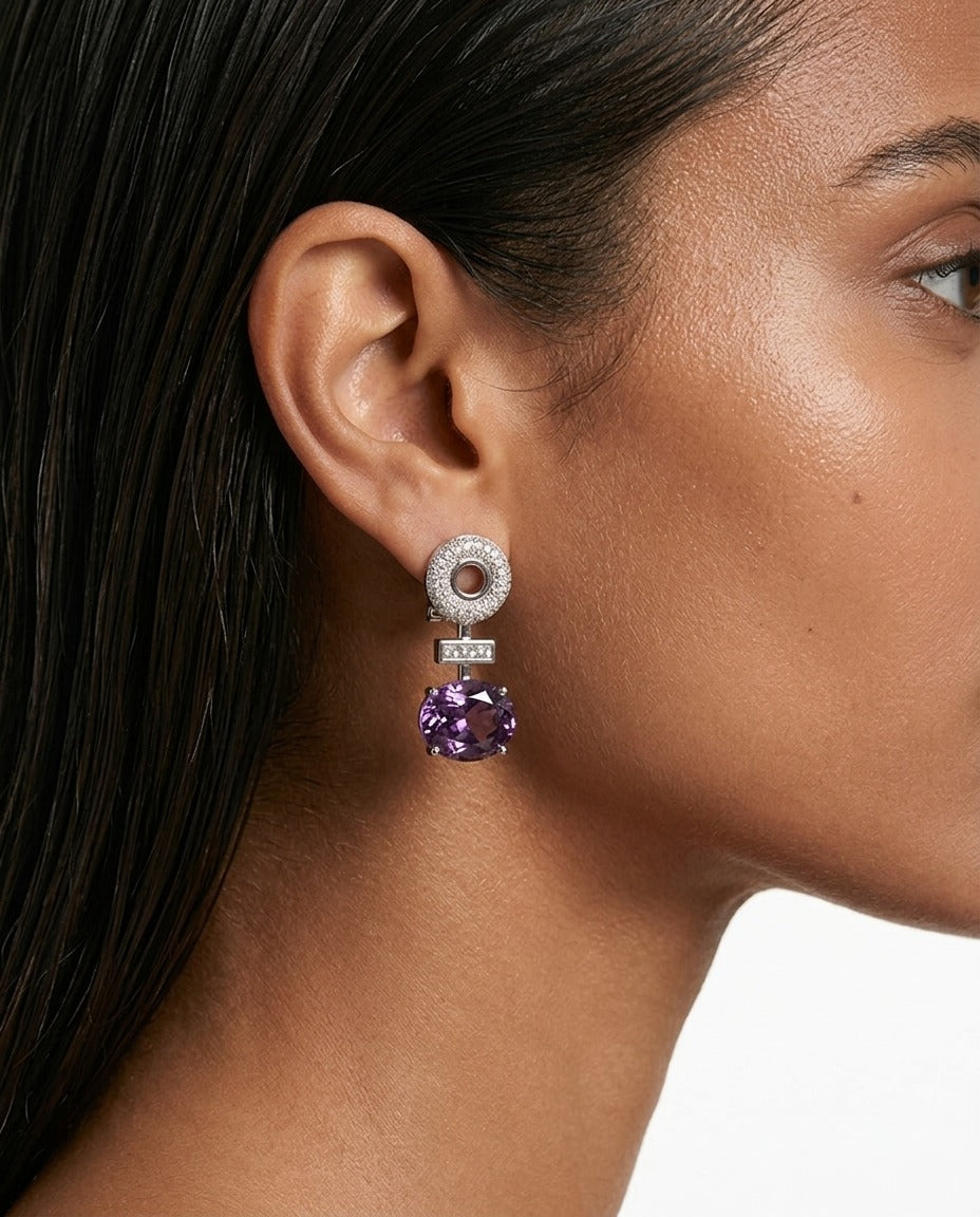 Noorain Pink Amethyst Diamond-Like Zircon Necklace Set — worn on model — Prerto