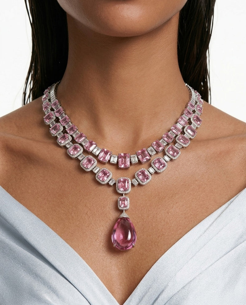 Maharani Dima Pink & Cushion Cut Zircon Duo Necklace Set by Prerto