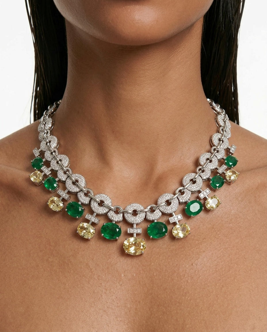 Noorain Emerald Citrine Diamond-Like Zircon Necklace Set by Prerto