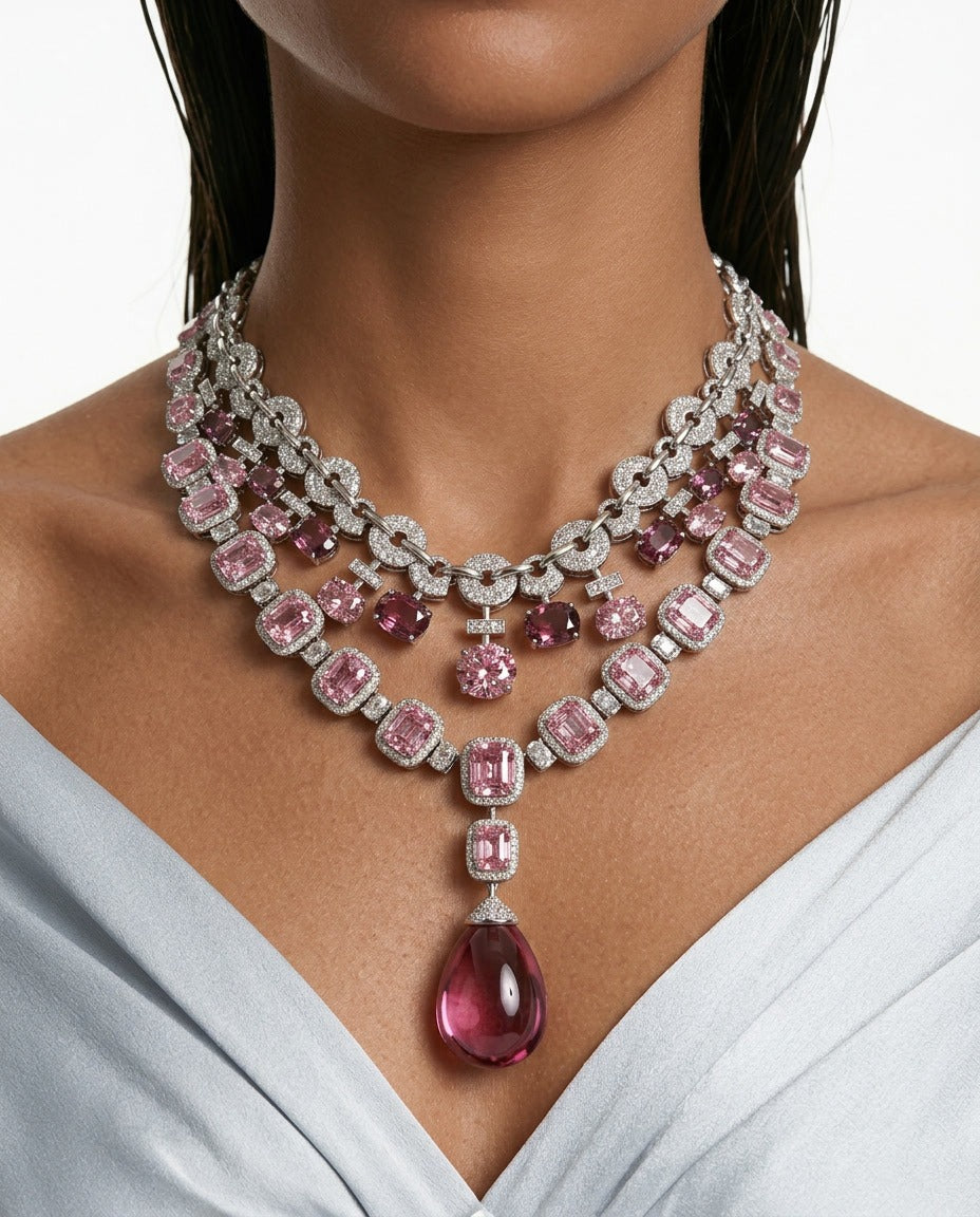 Maharani Pink Cushion Cut & Noorain Pink Amethyst Duo Necklace Set by Prerto