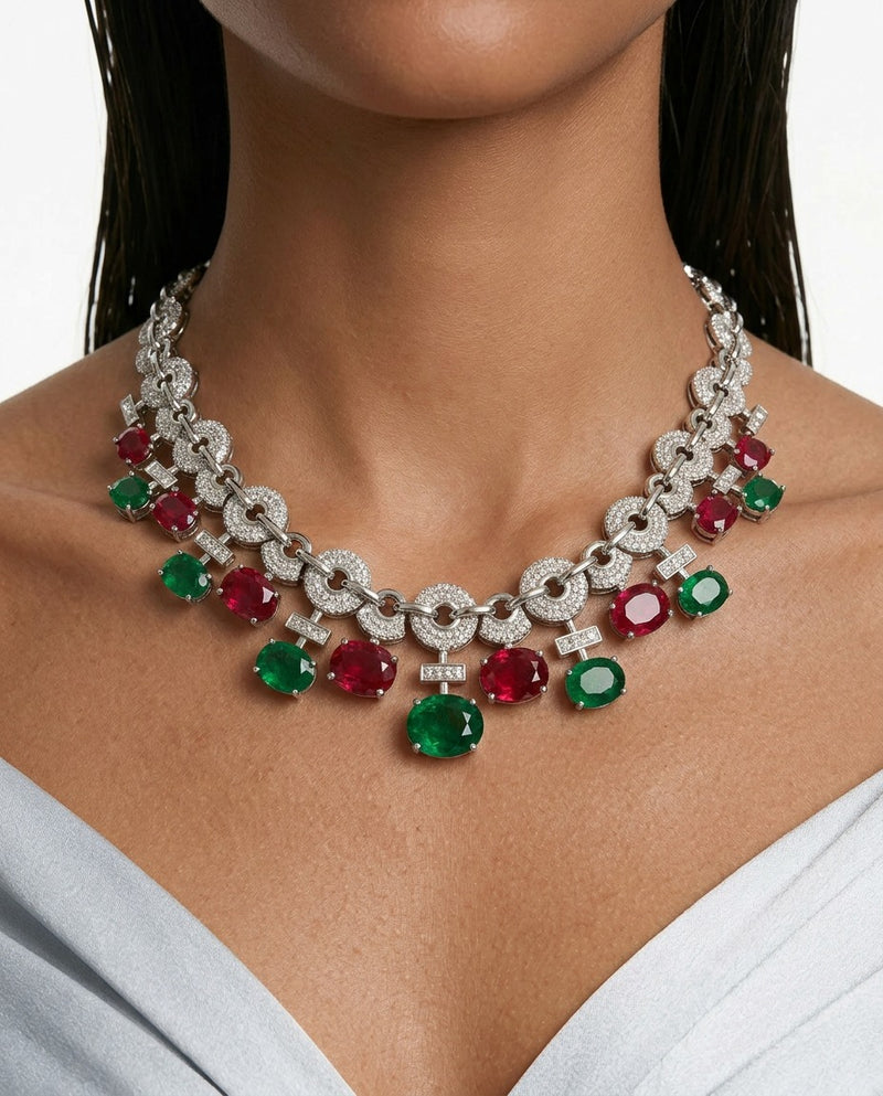 Noorain Emerald Ruby Diamond-Like Zircon Necklace Set by Prerto