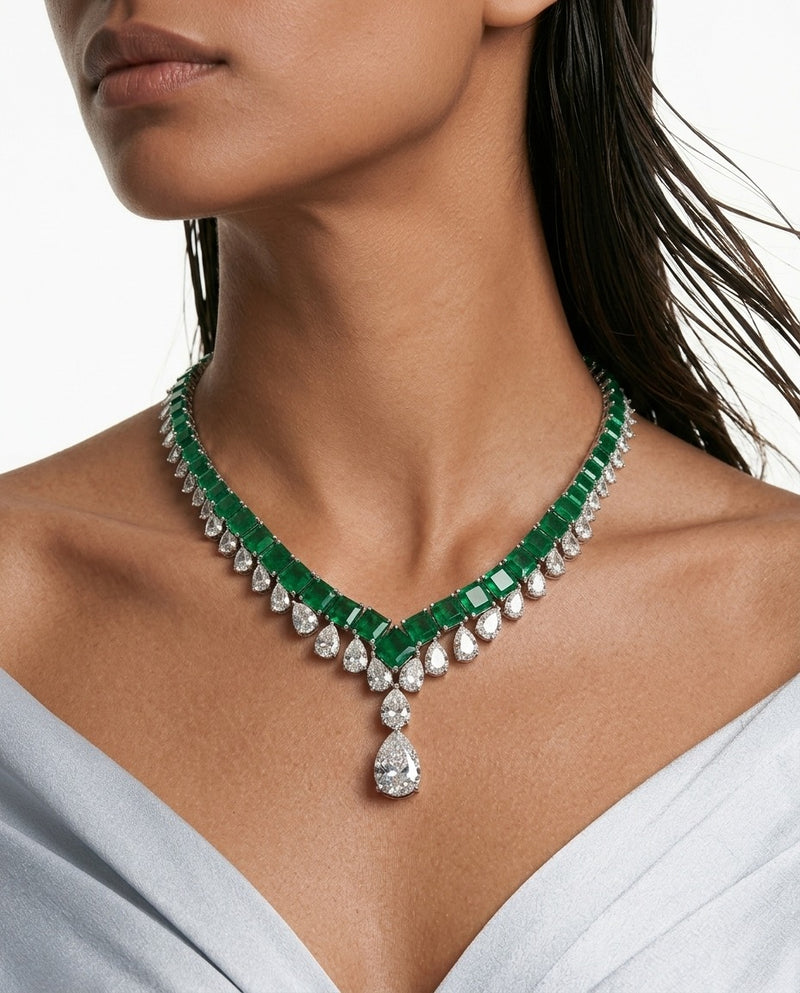 Maharani Dima Emerald & Basma Emerald Diamond Duo Necklace Set — worn on model — Prerto