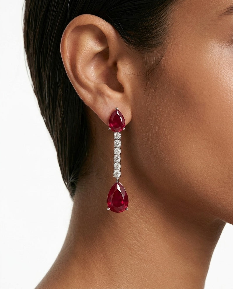 Amani Ruby Diamond-Like Zircon Drop Pendant Necklace Set — worn on model — Prerto