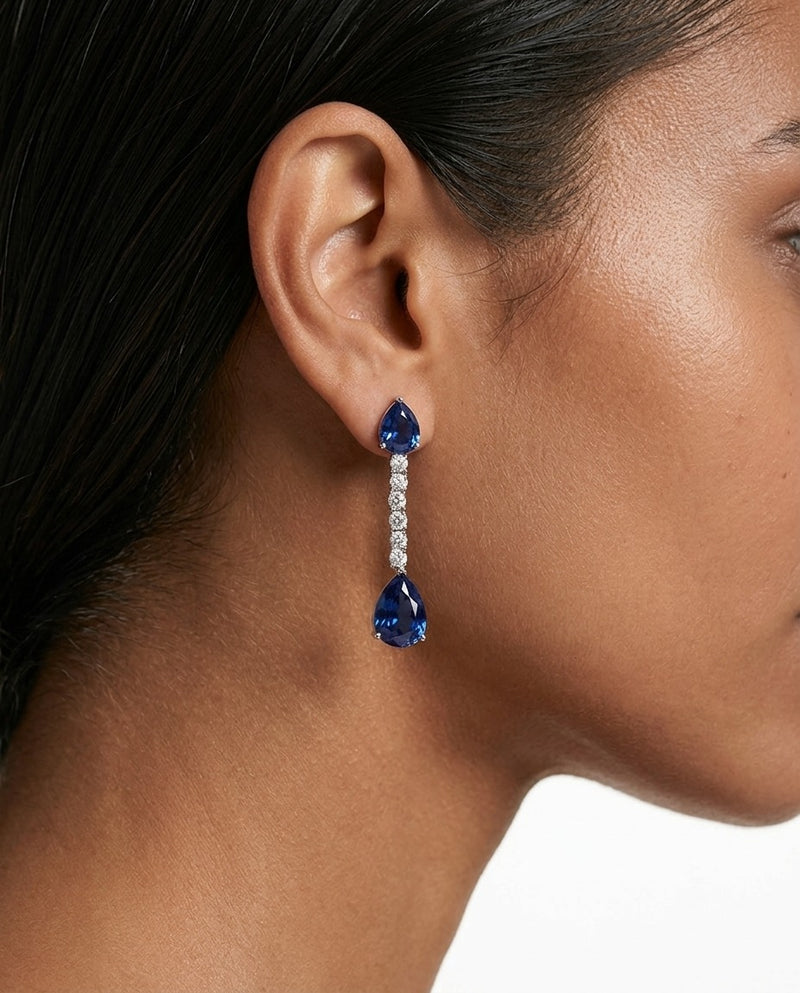 Amani Sapphire Diamond-Like Zircon Drop Pendant Necklace Set — worn on model — Prerto