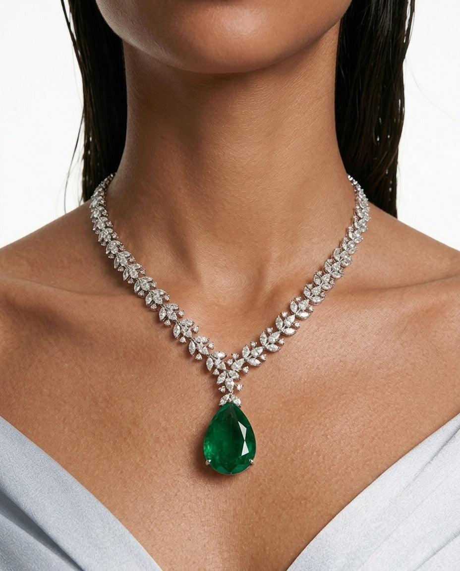 Eman Emerald Diamond-Like Zircon Compressed Necklace Set by Prerto