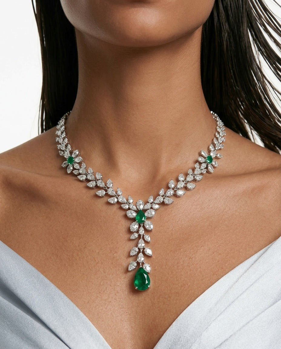 Dania Emerald Diamond-Like Zircon Compressed Necklace Set by Prerto