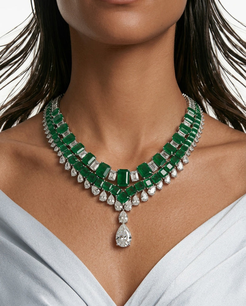 Maharani Dima Emerald & Basma Emerald Diamond Duo Necklace Set by Prerto
