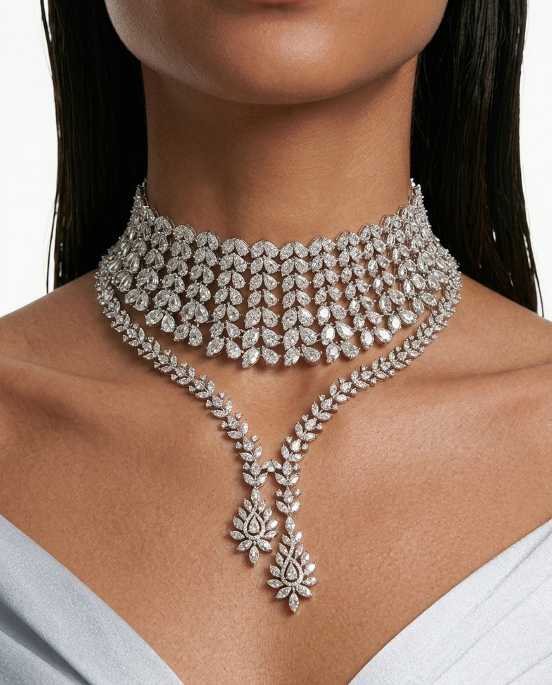 Maharani Heart Diamond & Hiba Zircon Compressed Duo Necklace Set by Prerto