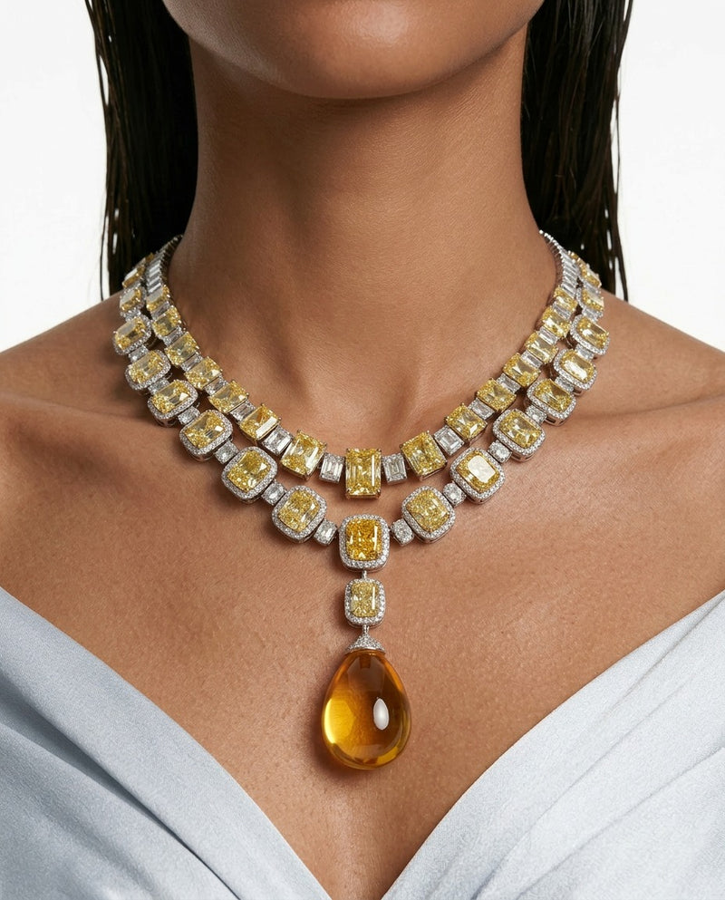 Maharani Dima Citrine & Cushion Cut Zircon Duo Necklace Set by Prerto