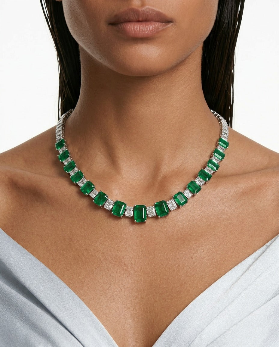 Dima Emerald Diamond-Like Zircon Pavé Necklace Set by Prerto