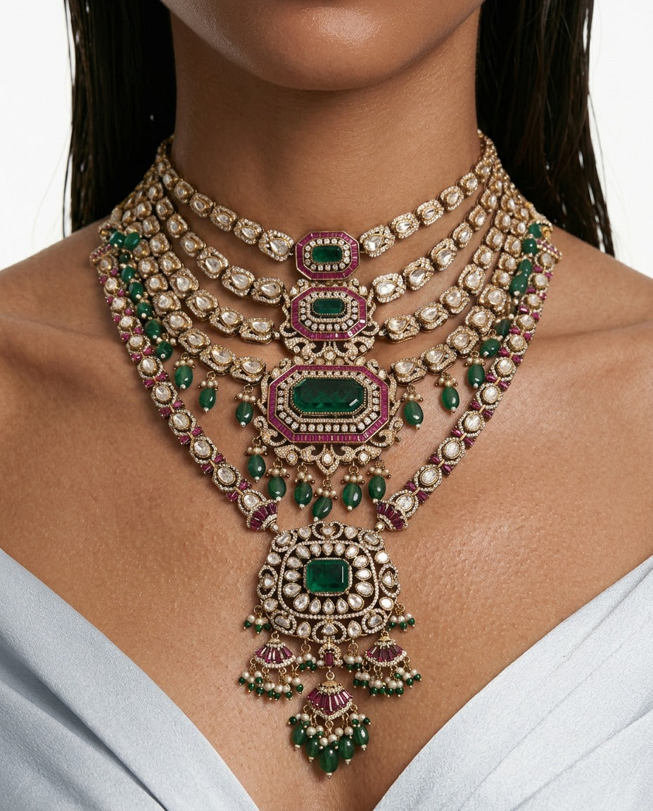 Maharani Layla Moissanite Polki Kundan Statement Luxe Necklace Set by Prerto