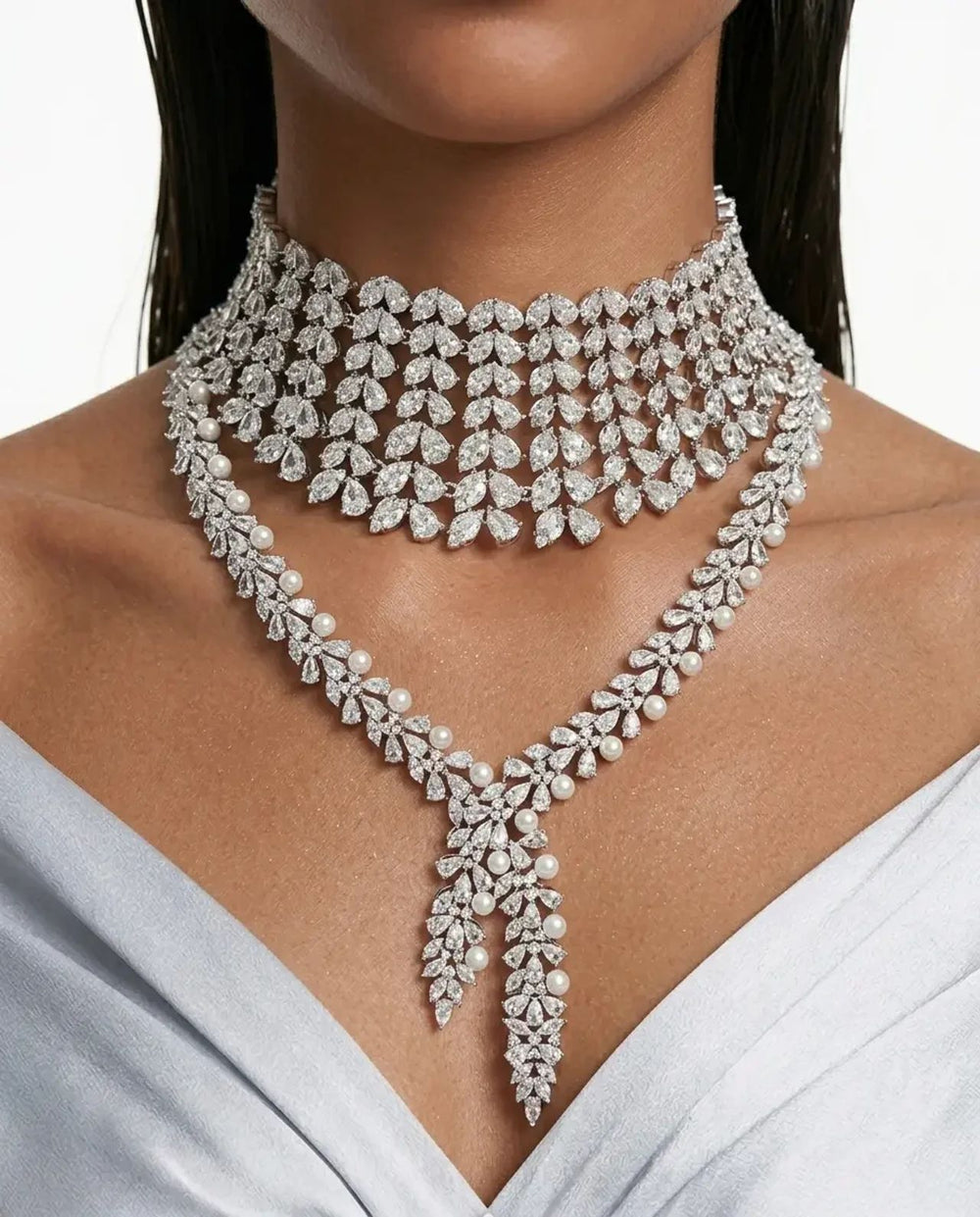 Maharani Heart & Diamond Necklace Set & Mahiba Diamond-Like Zircon Compressed Setting Statement Necklace Set (2 Necklaces & 2 Earrings)