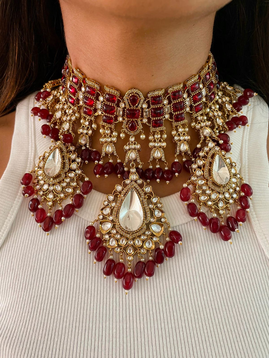 Maharani Padma Ruby Kundan Statement Necklace Set (Necklace, Earrings & Mang Tika)