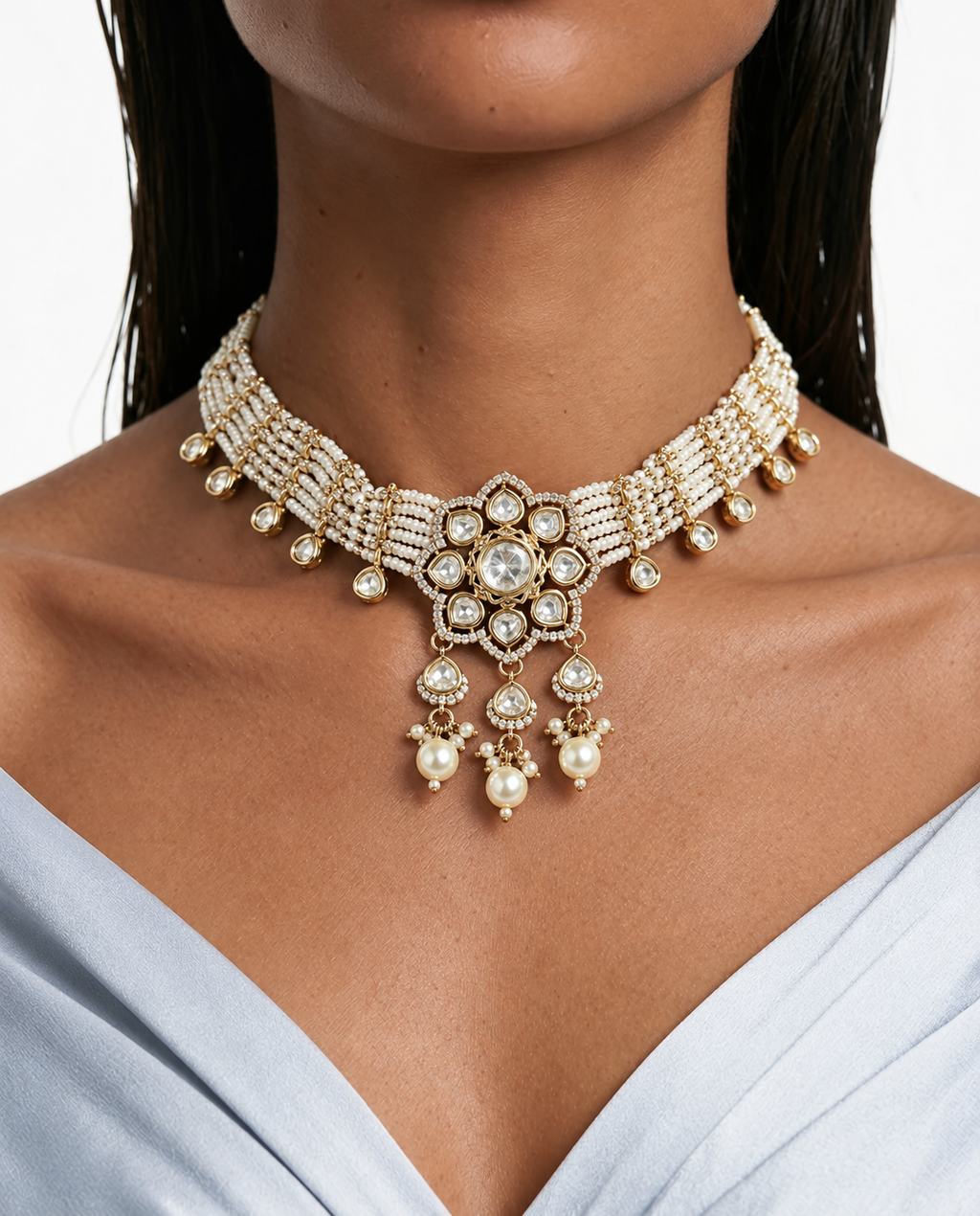 Shabnam 珍珠花卉莫桑石 Polki Kundan 项链套装 – 项链、耳环和 Maang Tikka