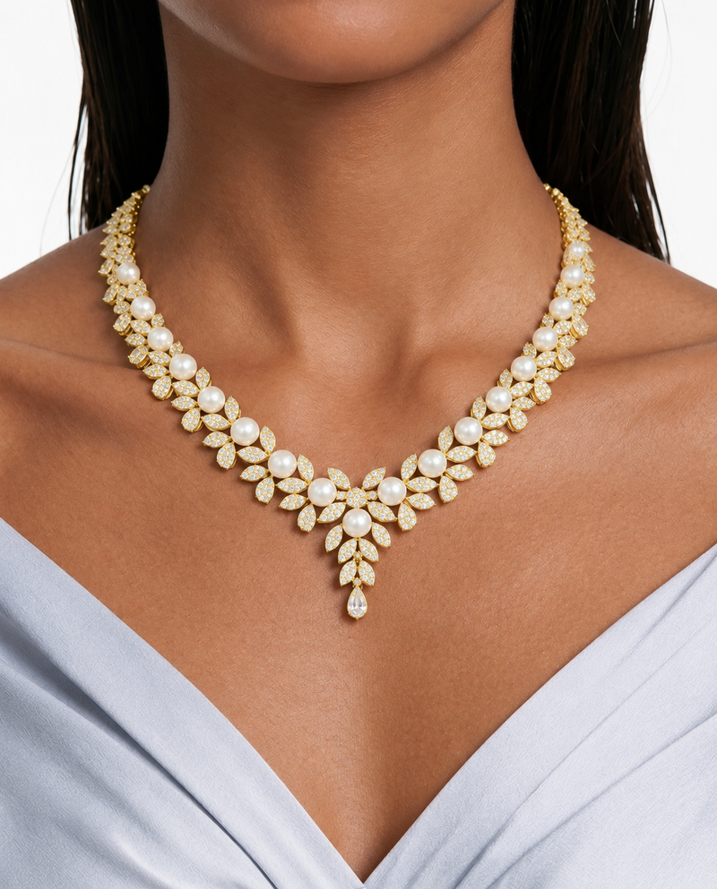 Nell Pearl & Leaf Diamond-Like Zircon Necklace Set – Gold-Tone – Necklace & Earrings