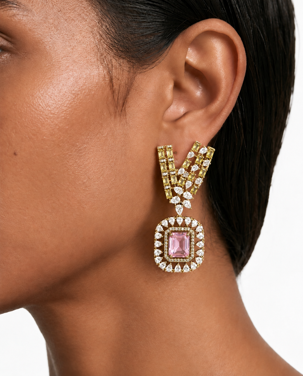 Aderina Citrine & Pink Rectangular Pendant Diamond-Like Zircon Collar Necklace Set – Necklace & Earrings